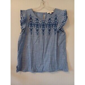 LOFT blue embroidery eyelet trim blouse S ruffle sleeve boho peasant top beach